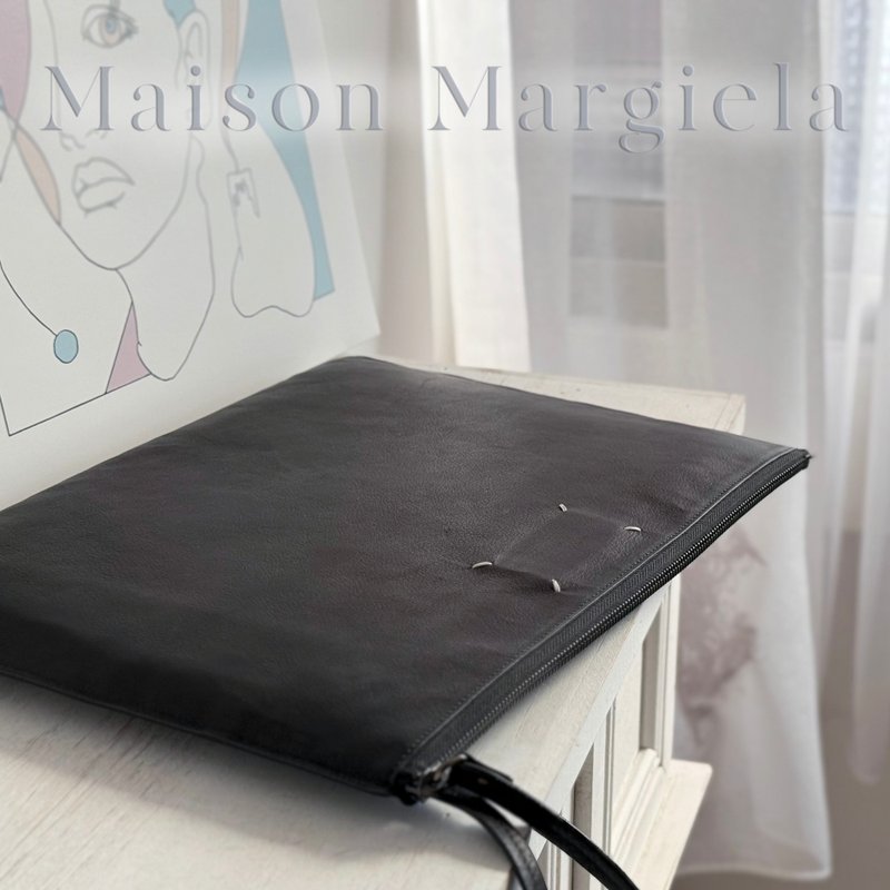 絕版 Maison Margiela 經典四線黑色荔枝紋真皮手拿包 附品齊全 - 手拿包 - 真皮 黑色
