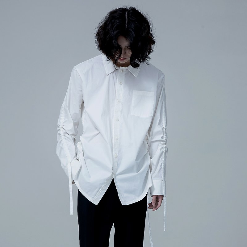 長袖抽繩襯衫 - 男襯衫/休閒襯衫 - 棉．麻 白色
