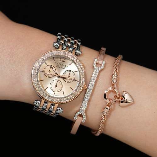 Crisella New York 經典閃爍金屬腕錶配閃爍手鐲手鏈套裝