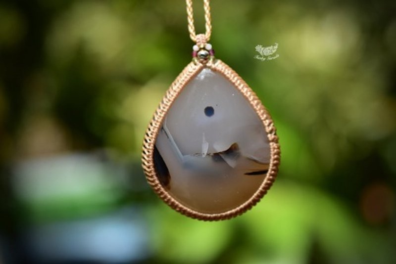 Extra Large Antique Painting Agate Macrame Pendant 80 - สร้อยคอ - เครื่องเพชรพลอย ขาว