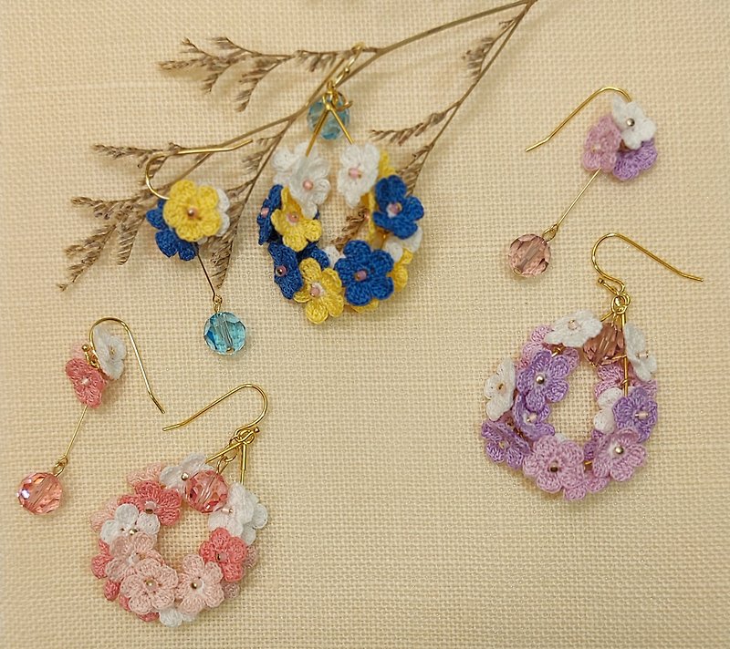 [Flower Cluster Series] Crystal Asymmetric Earrings Crochet Lace Knitted Ear Pins/ Clip-On - Earrings & Clip-ons - Cotton & Hemp 