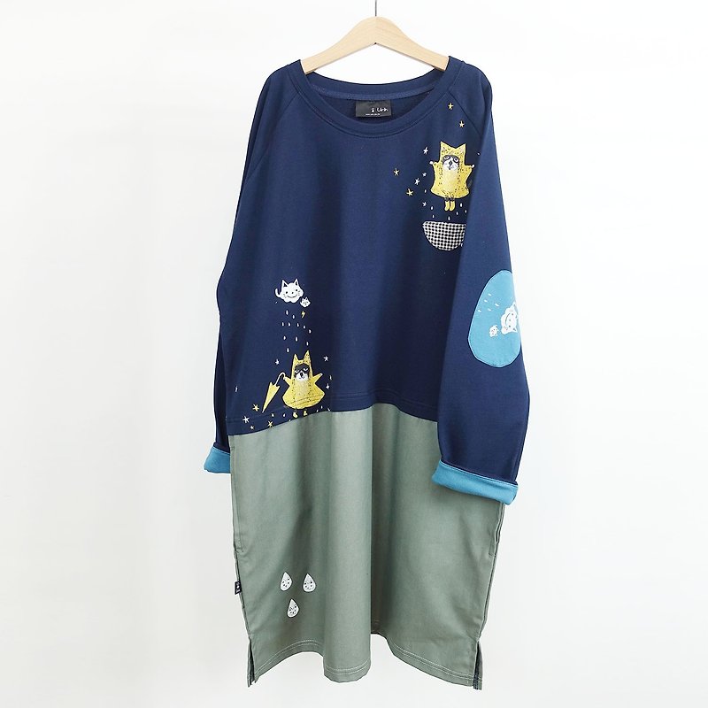 [Star Cat] Long sleeve stitching pocket dress - One Piece Dresses - Cotton & Hemp Blue