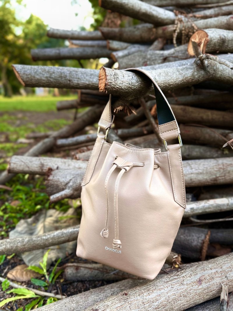 Modern Leather Bucket Handbag And Crossbody Bag. Latte Taupe - Drawstring Bags - Genuine Leather Khaki