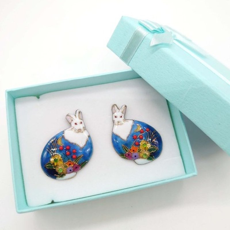 Moonlit Rabbit (Blue) Cloisonne Clip-On - Earrings & Clip-ons - Other Metals Blue