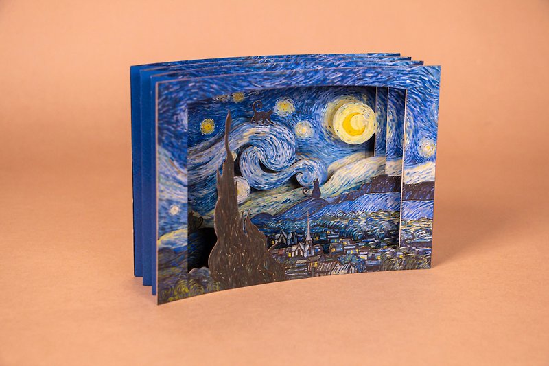 [3D Famous Painting Card] Van Gogh Starry Night-Cat Type/Alien Type | Exquisite Gift Universal Card - Cards & Postcards - Paper Blue