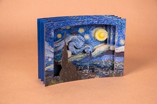 Wizhead 【立體名畫卡片】梵谷 星夜-貓咪款/外星人款 | 精美 禮品 萬用卡