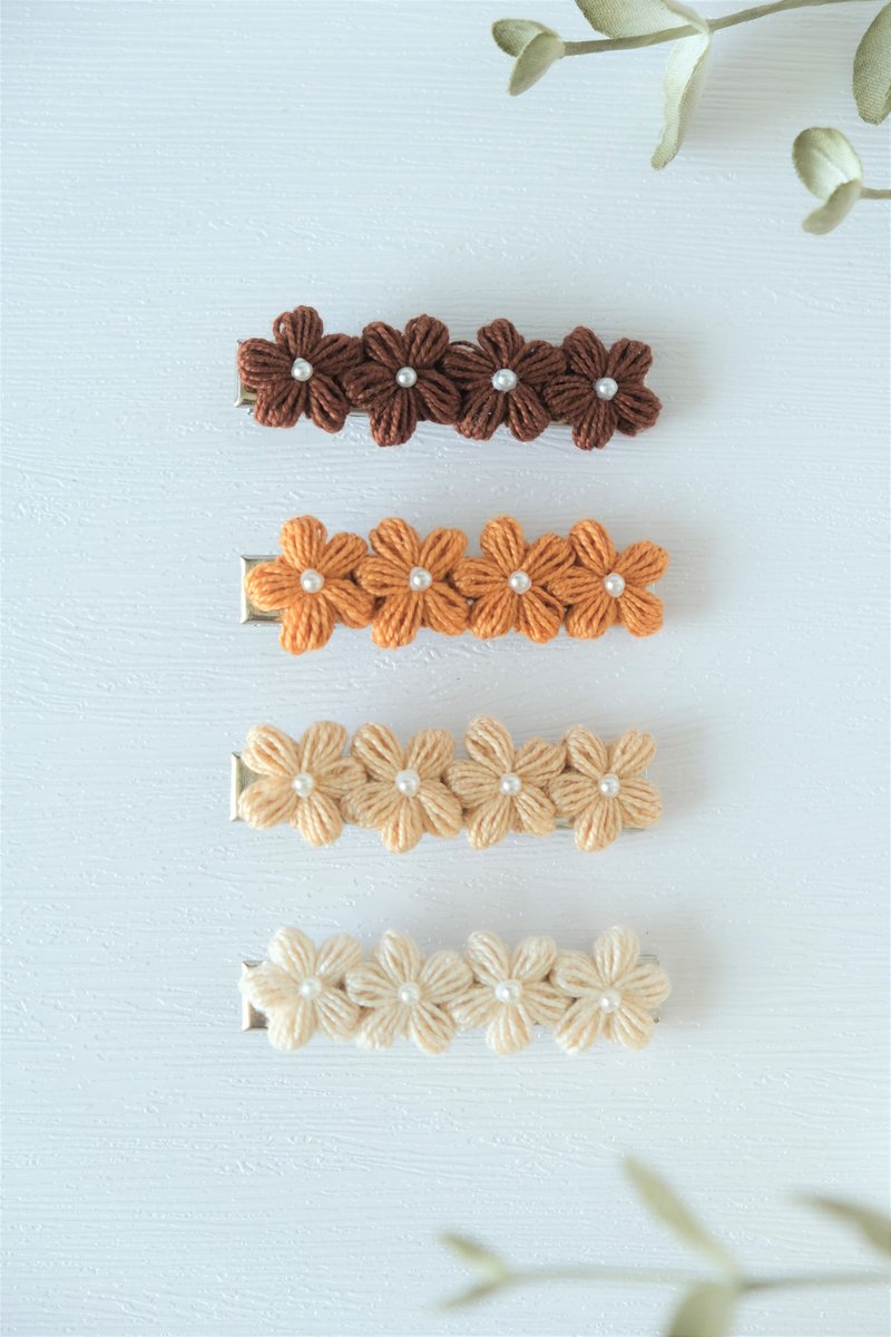 Earth Tone Four Small Flower Crochet Hair Clip - Hair Accessories - Thread Brown