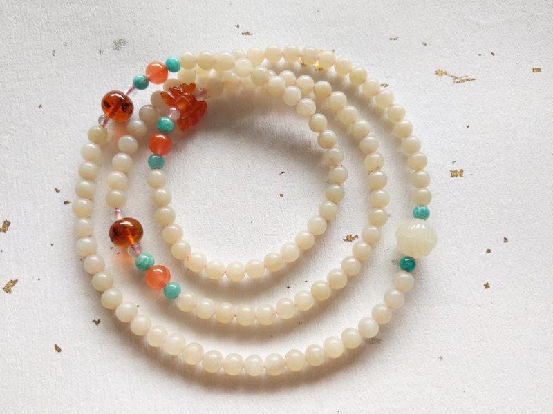 ORLI Jewelry 天然和闐玉藕粉108顆念珠 和田玉藕粉佛珠 南紅瑪瑙 - 項鍊 - 寶石 白色