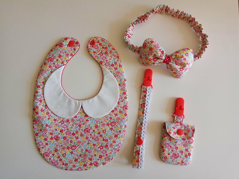 Red flowers gift month baby bib + pacifier clip + peace bag + hair band - Bibs - Cotton & Hemp Red