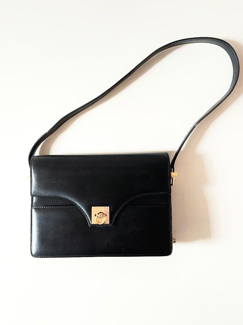 【LA LUNE】Rare second-hand CELINE black gold leather clamshell shoulder bag - Messenger Bags & Sling Bags - Genuine Leather Black