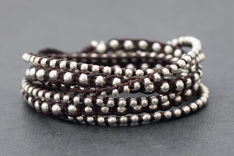 Silver Beaded Bracelets Brown Woven Braided Wrap Multi Strand Stud Rocker Punk Necklaces - สร้อยข้อมือ - โลหะ สีนำ้ตาล