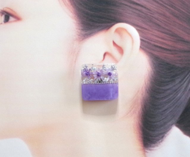 ピアス　オレンジ　レジン　かすみ草　ハート　パールチャーム　ビジュー　紫　春 ピアス オレンジ レジン かすみ草 ハート パールチャーム