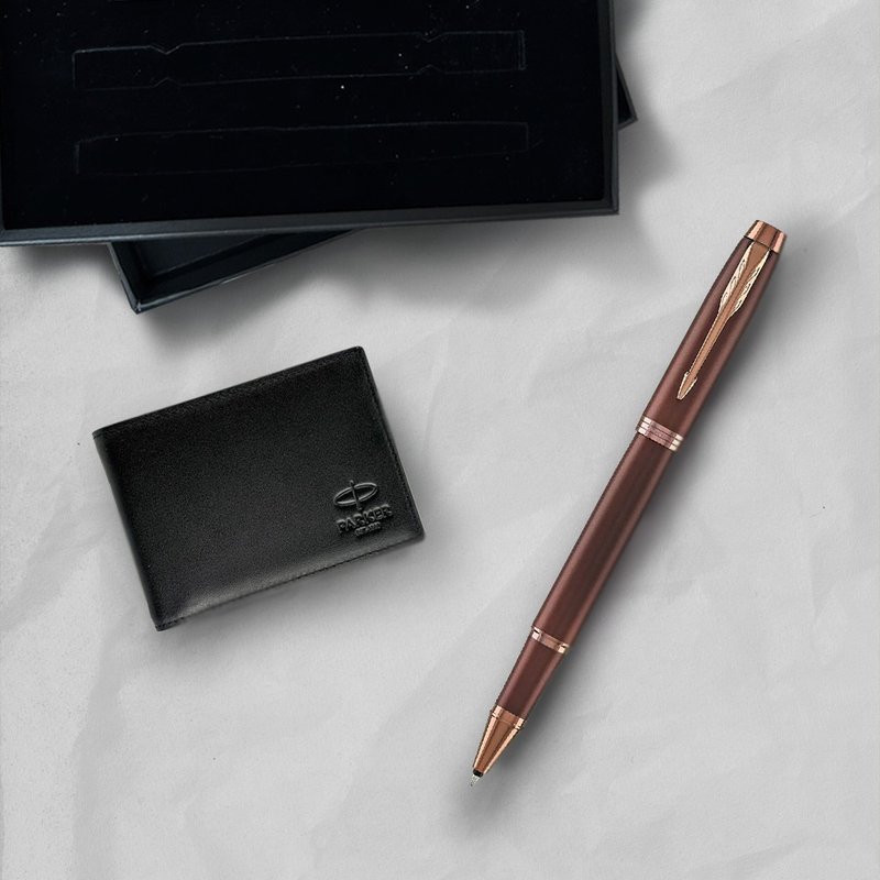 PARKER new IM metal series wine Brown red ballpoint pen cowhide short clip gift box free engraving - ไส้ปากกาโรลเลอร์บอล - วัสดุอื่นๆ สีแดง