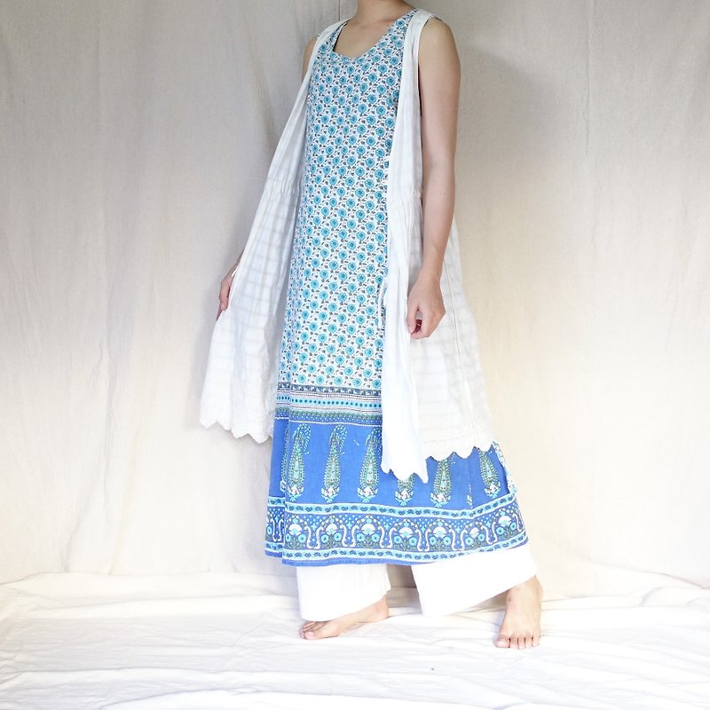 BajuTua / sky blue mandala Indian flower handle covered vest skirt - One Piece Dresses - Cotton & Hemp Blue