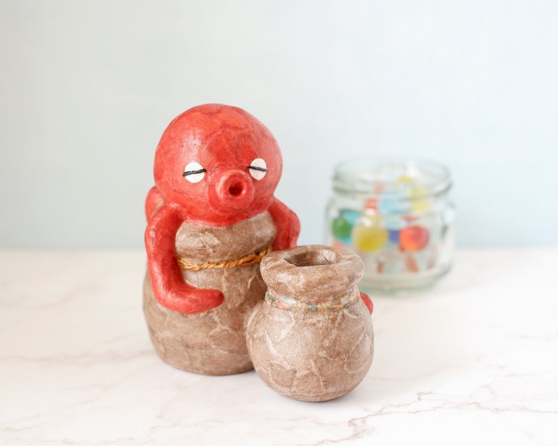 タコとたこ壺の置物　ペン立て　一輪挿し　和紙インテリア - 擺飾/家飾品 - 其他材質 紅色
