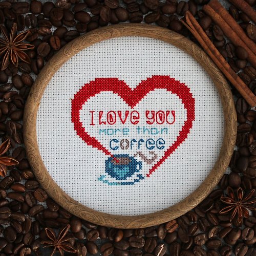 JulieAndStitch I love you more than coffee, easy and quick cross stitch pattern PDF