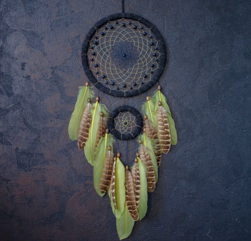 Natural handmade large dreamcatcher home decor - 壁貼/牆壁裝飾 - 繡線 綠色