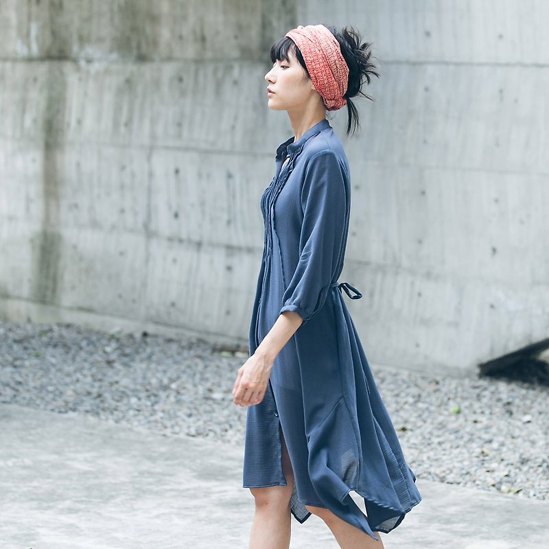 Cropped Sleeveless Dress - Grey and Blue - ชุดเดรส - ผ้าฝ้าย/ผ้าลินิน สีน้ำเงิน