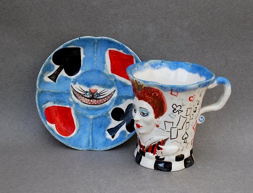PorcelainShoppe Wonderland tea cup and saucer set Queen of hearts Face mug Alice in Wonderland