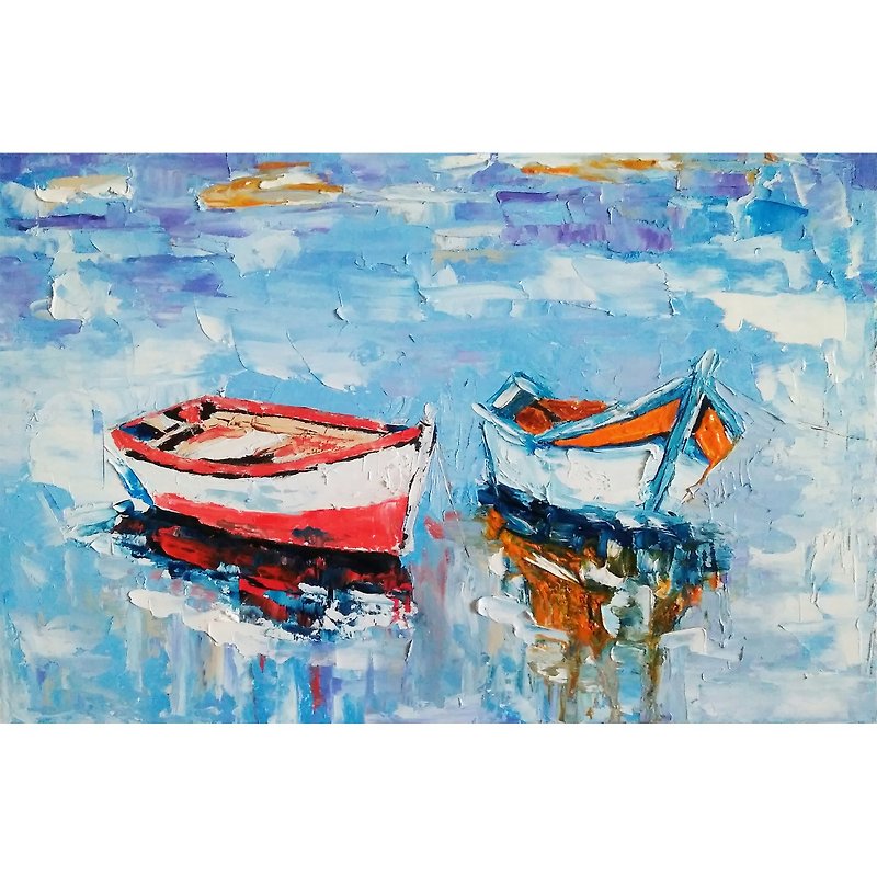 Boats Original Painting, Seascape Wall Art, Impasto Artwork, 手工油畫, 油畫原作 - 海報/掛畫/掛布 - 其他材質 多色