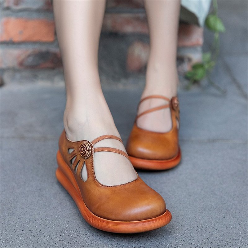 Spring new thick-soled round-toe hollow flower laces leather platform shoes single shoes - Women's Leather Shoes - Genuine Leather Yellow