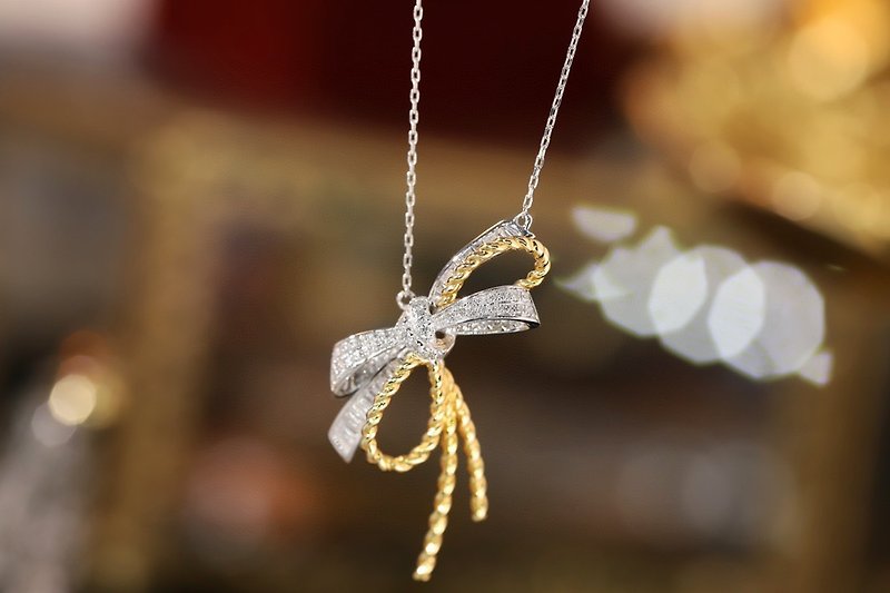 18k solid gold Diamond Bow Pendant Necklace, Wedding necklace - Necklaces - Precious Metals White