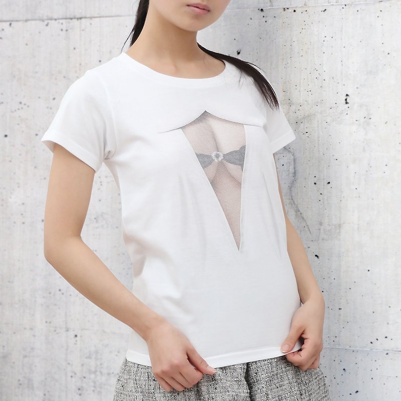 Mousou See-through T-shirt/ MESH WHITE/ WM size - Women's Shirts - Cotton & Hemp White