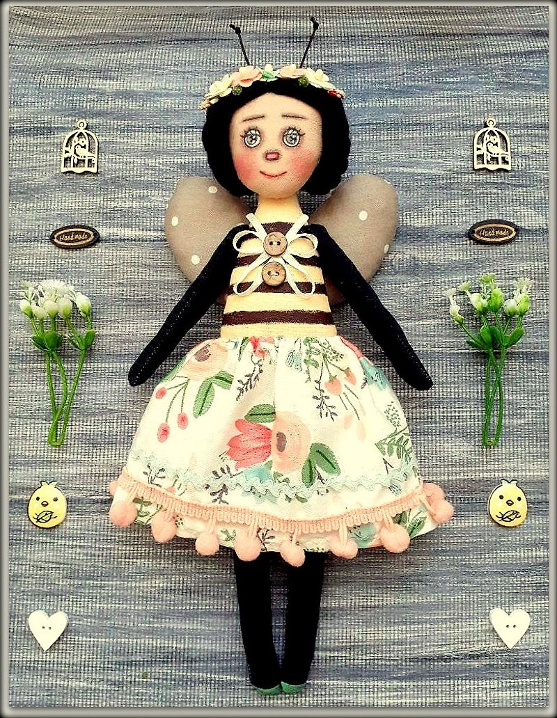 Bee doll handmade,honeybee, heirloom fabric doll, wimsical cloth doll ,rag doll - Stuffed Dolls & Figurines - Cotton & Hemp 