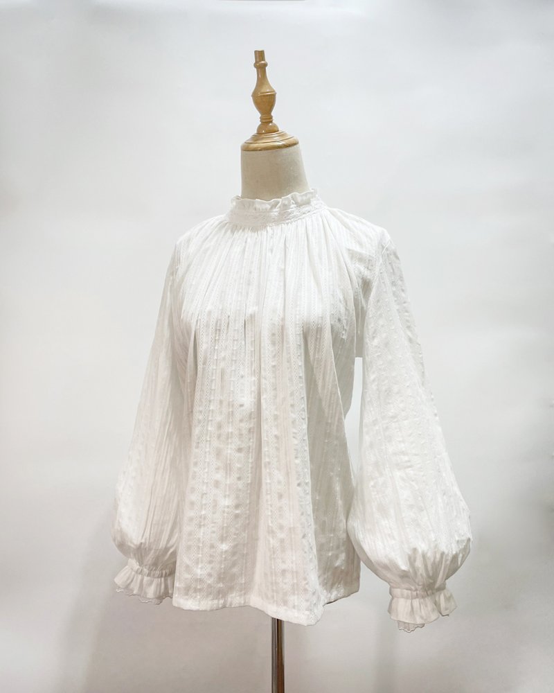 French stand collar jacquard shirt (ready in stock) - Women's Tops - Cotton & Hemp White