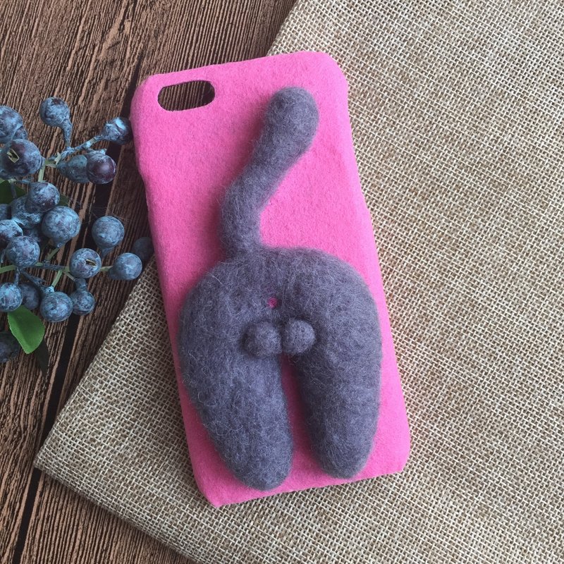 【可客製】灰色粉紅色狗屁股貓屁股屁屁貓蛋蛋蘋果iphone6/6s/6plus立體羊毛氈戳戳樂情侶手機殼硬殼保護殼防塵塞胸針 - 手機殼/手機套 - 羊毛 灰色