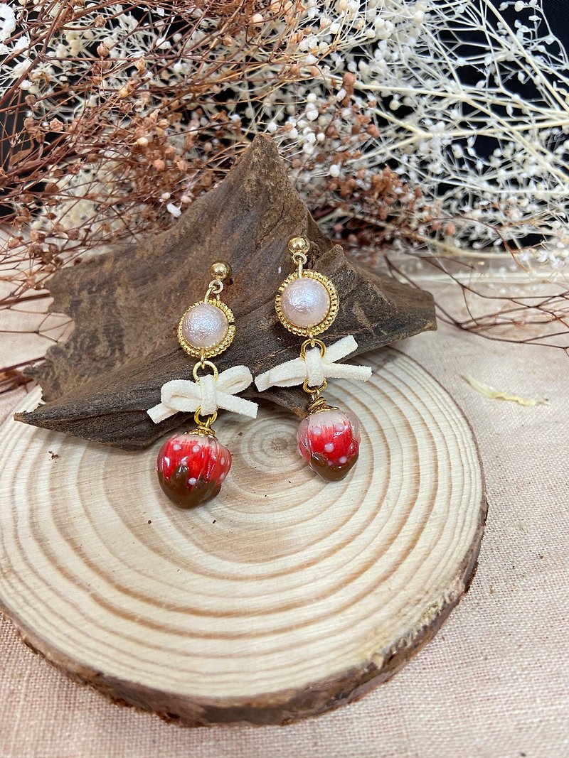Chocolate Strawberry Waltz-Pearl Earrings - Earrings & Clip-ons - Resin Red