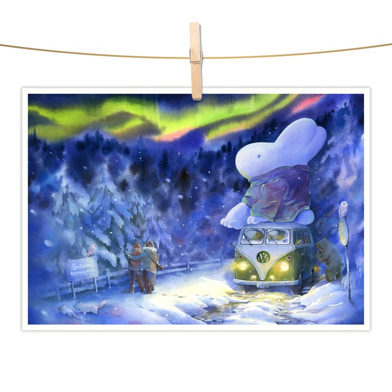 afu watercolor illustration postcard-encountering the aurora - Cards & Postcards - Paper 