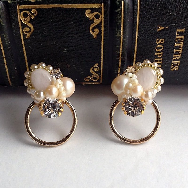 16kgp morganite and vintage pearl hoop collage bijou earrings * Mimi夾 [ii-502] - Earrings & Clip-ons - Gemstone Pink