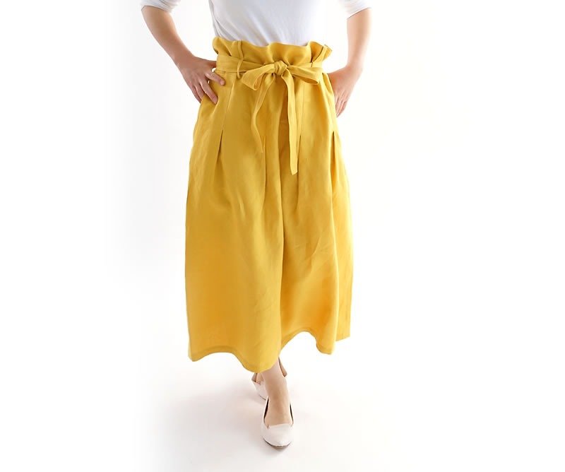 linen / linen skirt / skirt wit-h tuck / long length / long skirt / sk8-15 - กระโปรง - ผ้าฝ้าย/ผ้าลินิน สีเหลือง