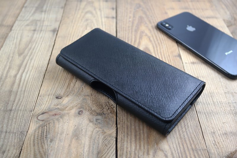 Api Handmade~Mobile Phone Case~Horizontal Waistband~Cross Pattern Black~iPhone11,12 - Phone Cases - Genuine Leather Black