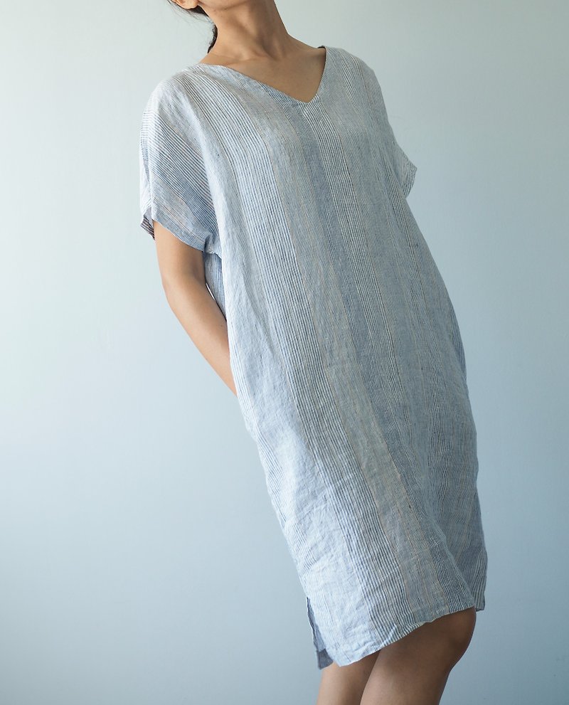 Linen Cotton V-Neck Short Sleeve Dress - One Piece Dresses - Linen Blue