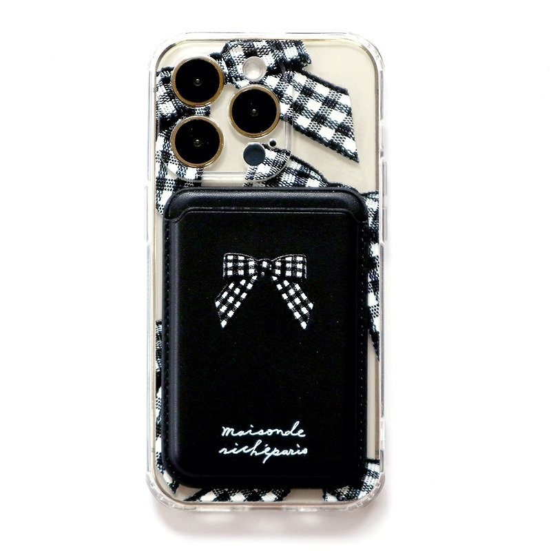 iPhone15/14/13 magsafe series-black plaid bow card holder phone case - Phone Cases - Plastic Black