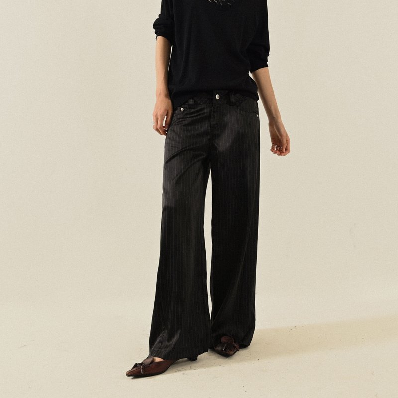 【NaSuBi Vintage】工作風格緞面低腰古著長褲 - 女長褲 - 其他人造纖維 黑色