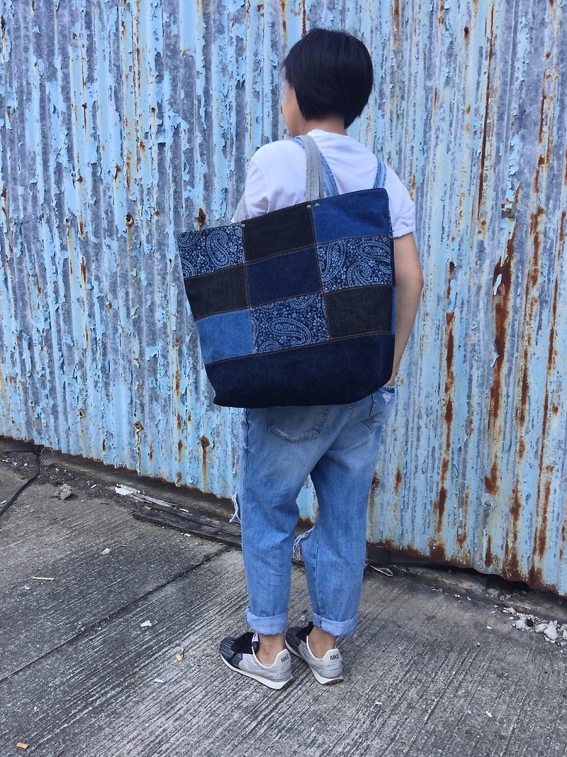 Denim Patchwork Tote Bag Set  牛仔拼布包 單肩 托特包連收納袋 - 手袋/手提袋 - 棉．麻 藍色