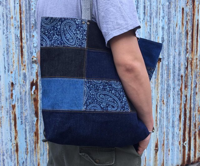 Denim patch】Denim Patchwork Tote bag - Navy (TB261) - Shop ad-lib Handbags  & Totes - Pinkoi