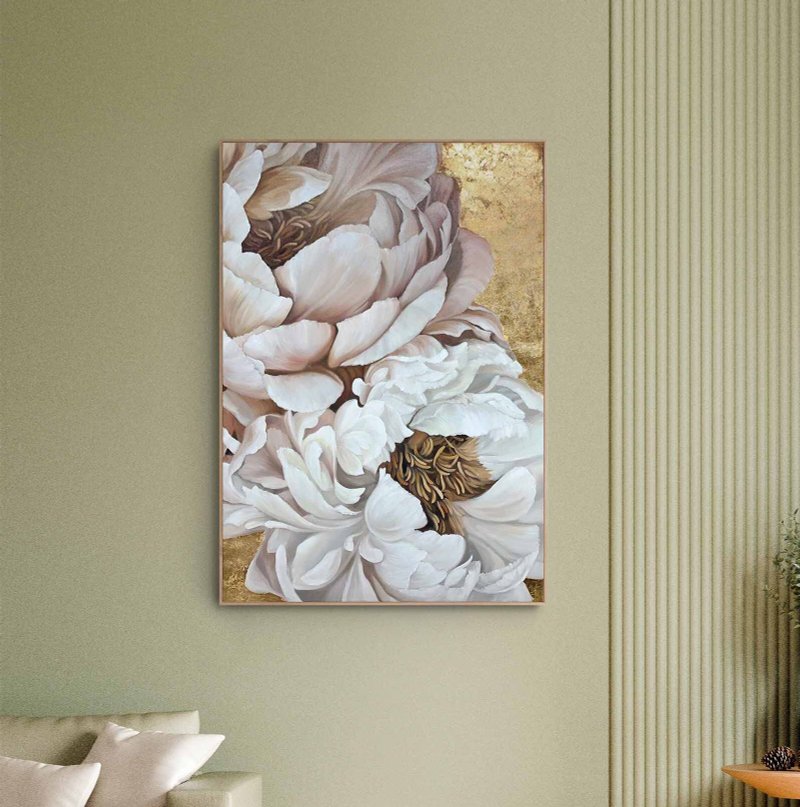 Peony Painting | Flower Gold Painting | Peony Wall Art | Golden Silk Flowers 2 - 壁貼/牆壁裝飾 - 棉．麻 白色