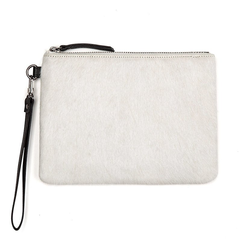 FIXATION Flat Clip _Arctic Fur / White Bovine Hair - Clutch Bags - Genuine Leather White