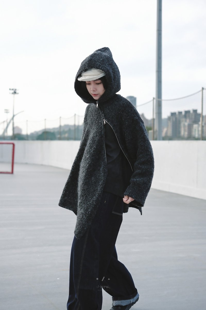 Finnish gray diagonal zipper hooded fur coat - 2 colors - Finnish dark gray - Women's Casual & Functional Jackets - Wool Gray