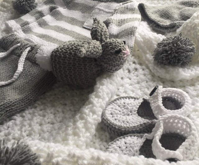 Hand knit baby boy's white authentic and grey sweater set