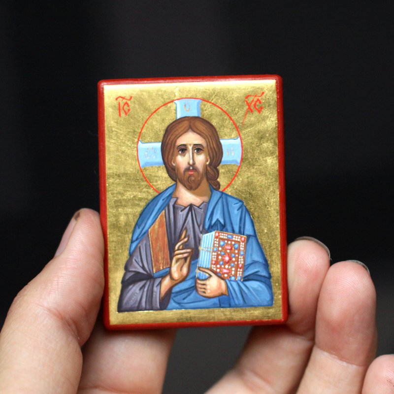 hand painted orthodox christian Jesus Christ icon, miniature religious painting - อื่นๆ - วัสดุอีโค สีทอง