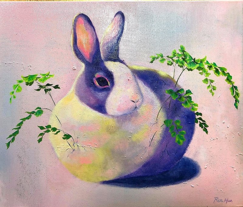 Rabbit with Maidenhair Oil on Canvas Painting Artwork - Posters - Pigment Multicolor