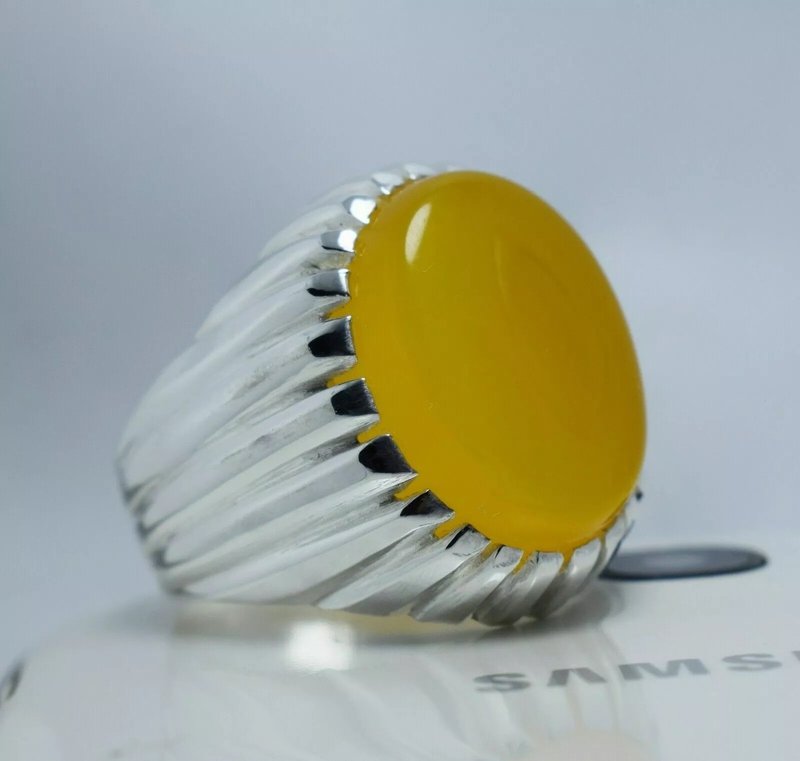 Yellow Yemeni Aqeeq Ring Akik Agate Aqiq Sterling Silver Shia Ring Mens Jewelry - แหวนทั่วไป - เครื่องเพชรพลอย สีเหลือง