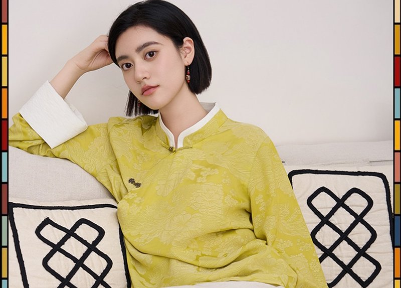 Sunshine Warm New Chinese Retro Tibetan Clothes Jacquard Slanted Lapel Long Sleeve Top - Women's Tops - Other Materials Yellow