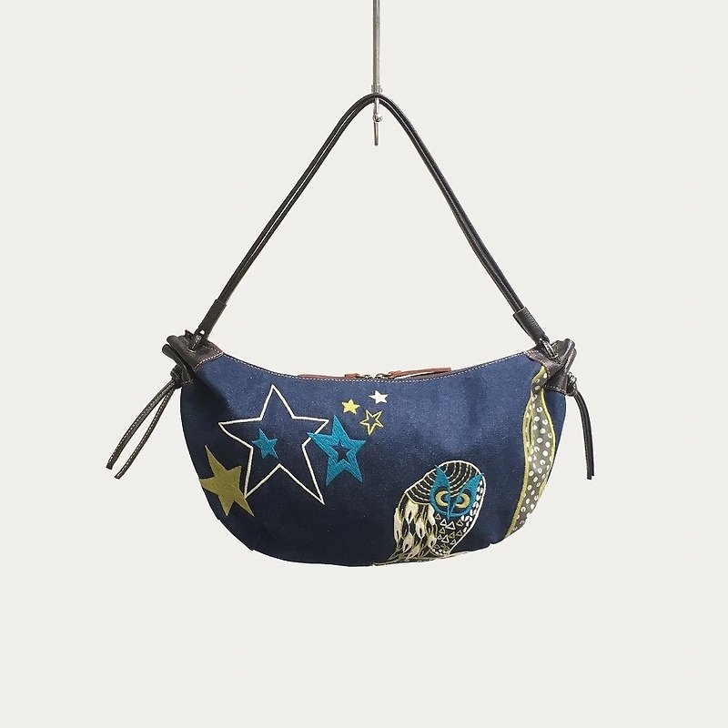 Owl embroidery · croissant bag - Messenger Bags & Sling Bags - Cotton & Hemp Blue