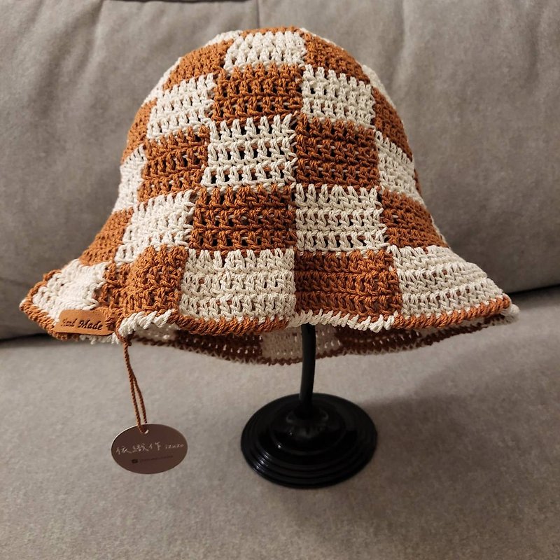 純棉手工編織  紋格方塊編織漁夫帽 多色 可客製化 - 帽子 - 棉．麻 